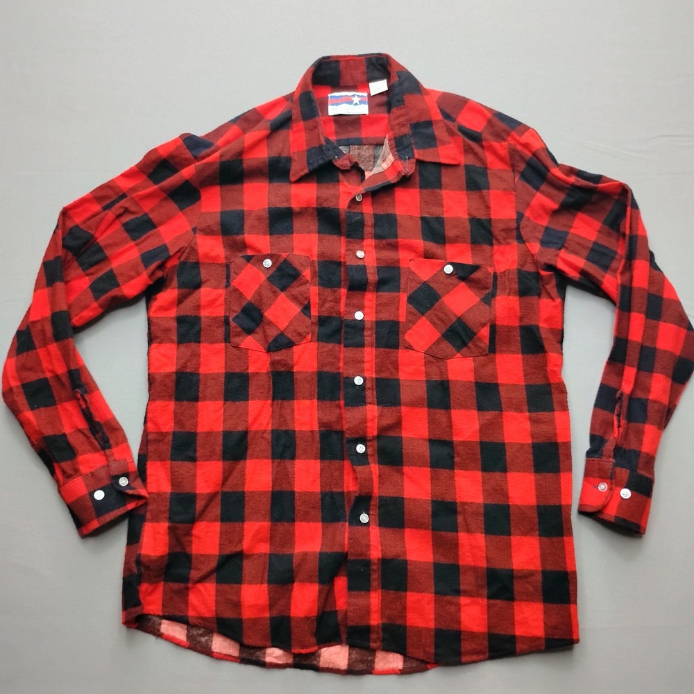 American Edition Vintage Buffalo Plaid Flannel Shirt Red Black Mens Large USA